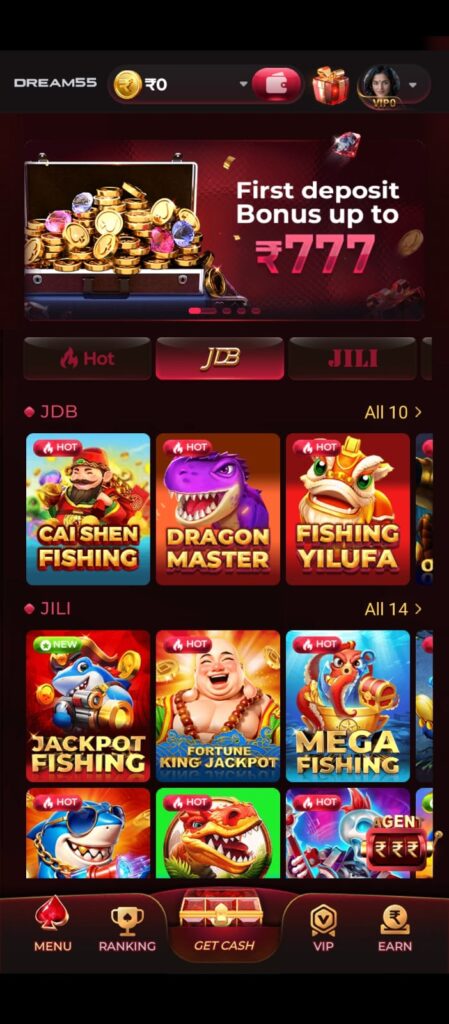 Dream55 game app logo with red 5 design Dream55 online casino game interface mobile screen Teen Patti game on Dream55 app