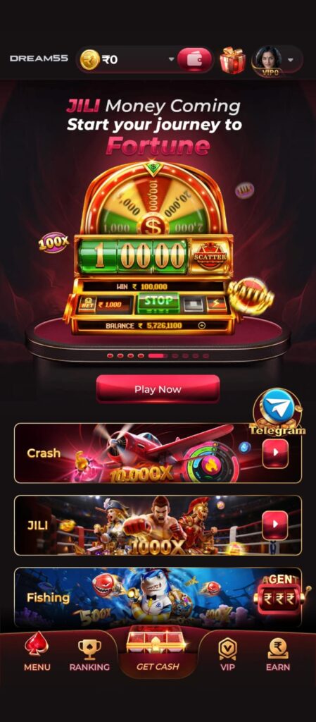 Dream55 game app logo with red 5 design Dream55 online casino game interface mobile screen Teen Patti game on Dream55 app