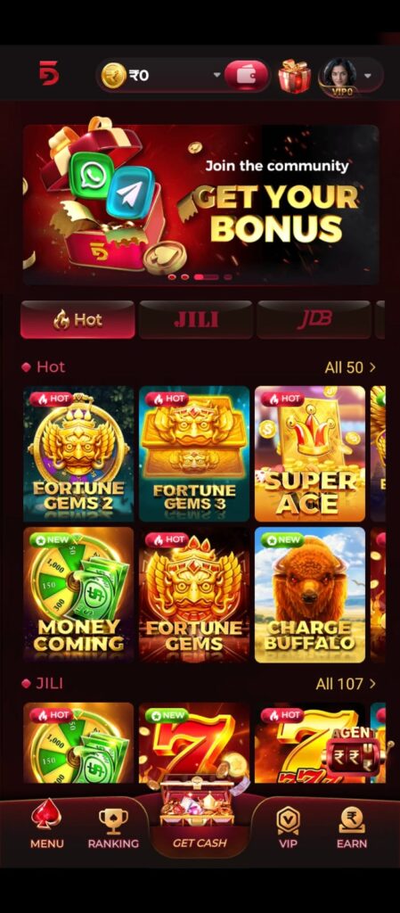 Dream55 game app logo with red 5 design Dream55 online casino game interface mobile screen Teen Patti game on Dream55 app